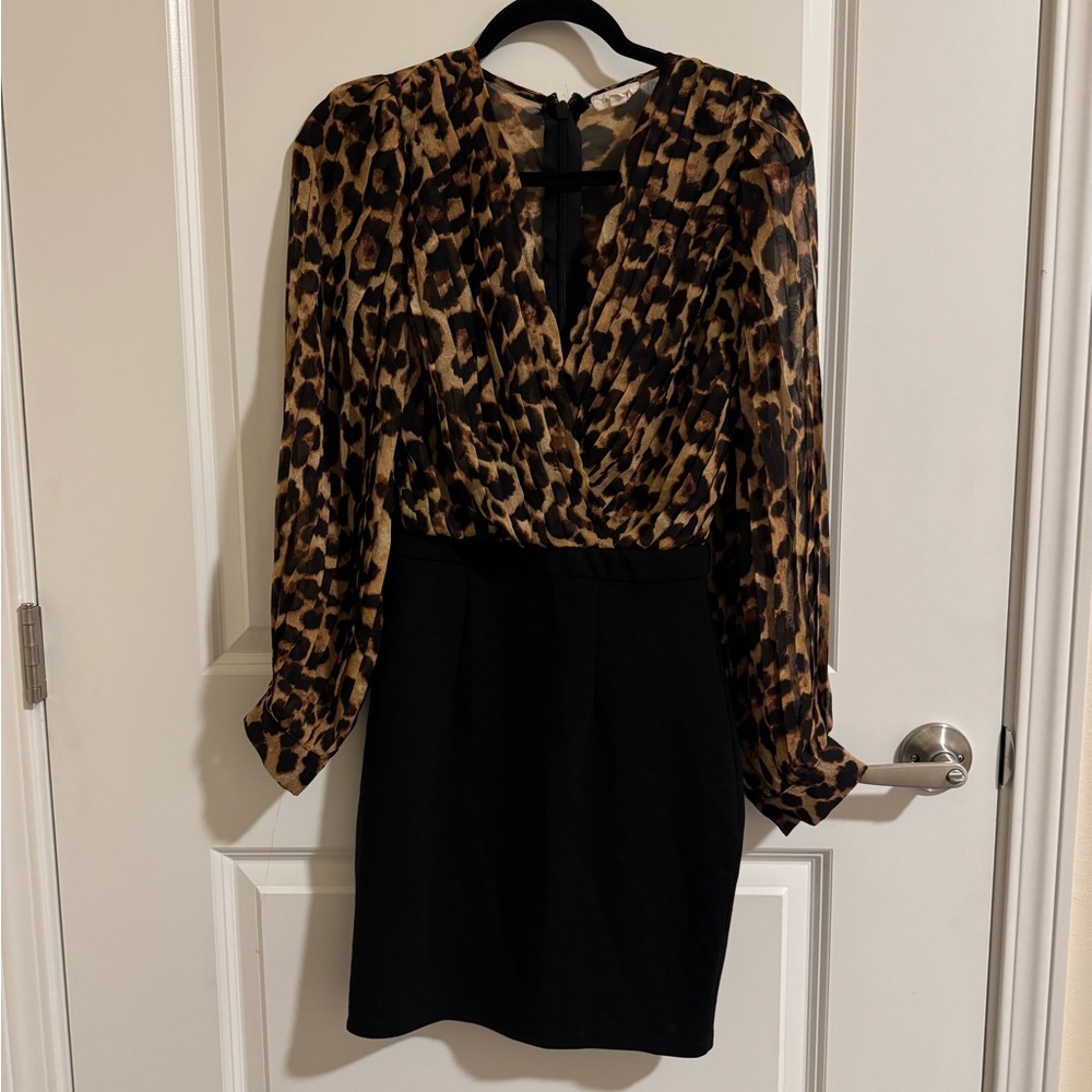 Fashion Nova Brown and Tan Sheath Dress with Bishop Sleeves